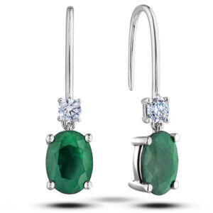 Oval Emerald and Canadian Diamond Dainty Drop Earrings in White Gold