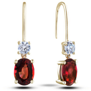 Oval Garnet and Canadian Diamond Dainty Drop Earrings in Yellow Gold