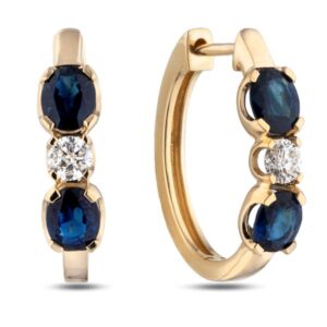Oval Sapphire and Canadian Diamond 3 Stone Hoop Earrings in Yellow Gold