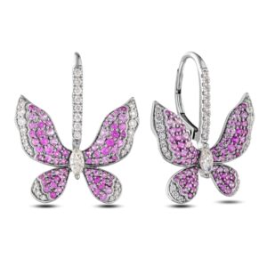 De Beers Forevermark Diamond and Pink Sapphire Butterfly Dangle Earrings in 18K White Gold