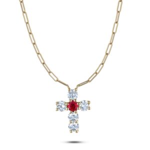 Ruby & Canadian Diamond Cross Paperclip Necklace in Yellow Gold
