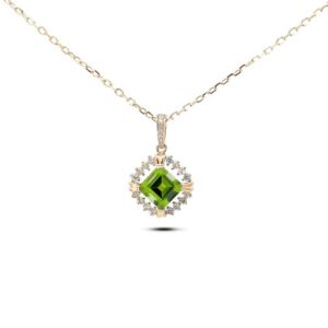 Peridot Cushion Cut & Canadian Diamond Pendant in Yellow Gold
