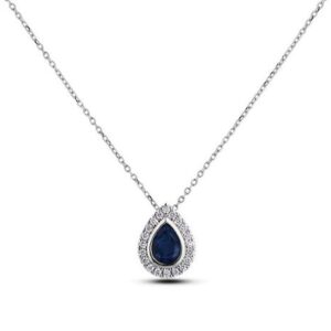 Pear Shape Sapphire and Canadian Diamond Bezel Set Pendant in White Gold