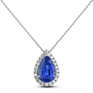 Ceylon Sapphire and Diamond Halo Pendant in 14K White Gold