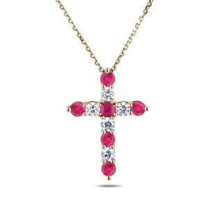 Round Cut Ruby And Canadian Diamond Cross Pendant In Yellow Gold