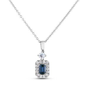 Sapphire and Diamond Halo Pendant in 18K White Gold