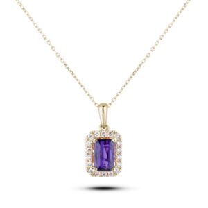 Rectangle Cut Tanzanite and Canadian Diamond Halo Pendant in Yellow Gold