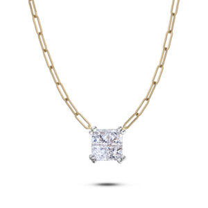 Princess Cut Canadian Diamond Necklace with Paperclip Chain in 14K Yellow Gold