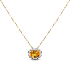 Padparadcha Orange Colour Oval Cut Sapphire and Diamond Halo Pendant in Yellow Gold
