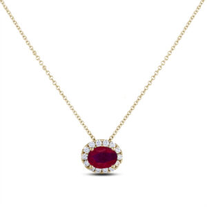 Oval Cut Ruby and Diamond Halo Pendant in Yellow Gold