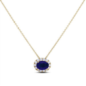 Oval Cut Sapphire and Diamond Halo Pendant in Yellow Gold