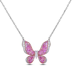 De Beers Forevermark Diamond and Pink Sapphire Butterfly Necklace in 18K White and Rose Gold