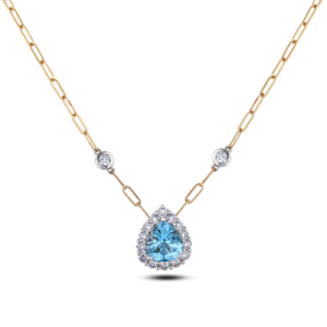 Brazilian Aquamarine and De Beers Forevermark Diamond Halo Pendant with Paperclip Chain in 18K Yellow and White Gold