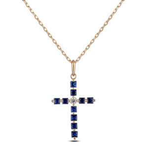 De Beers Forevermark Ideal Square Diamond and Sapphire Cross Pendant in 18K Yellow Gold
