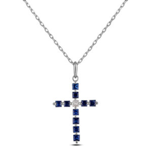 Sapphire and Princess Cut Canadian Diamond Cross Pendant in White Gold