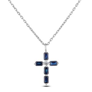 Sapphire and De Beers Forevermark Diamond Cross Pendant in 18K White Gold