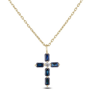 Sapphire and De Beers Forevermark Diamond Cross Pendant in 18K Yellow Gold