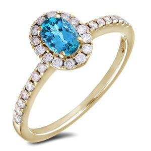 Blue Topaz & Canadian Diamond Oval Halo Ring in Yellow Gold