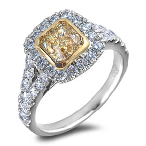 Fancy Intense Yellow GIA Diamond Bezel Set Halo Ring in 18K Gold