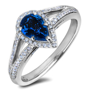 Pear Sapphire and Canadian Diamond Halo Ring in White Gold