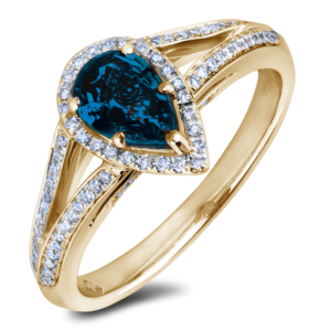 Pear Sapphire & Canadian Diamond Halo Ring in Yellow Gold