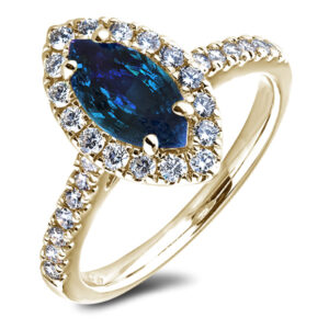 Marquise Shaped Ceylon Sapphire and Canadian Diamond Halo Ring in 14K Yellow Gold