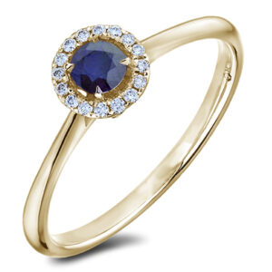 Sapphire and Diamond Halo Ring in Yellow Gold