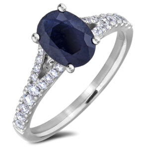 Oval Sapphire and Canadian Diamond Split Shank Ring In White Gold