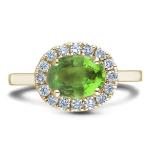 Oval Shaped Peridot and Canadian Diamond Halo Ring in Yellow Gold