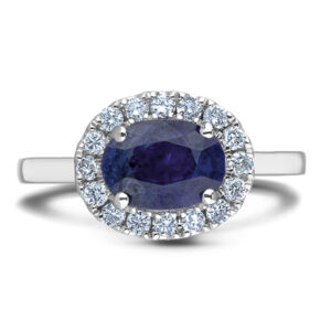 Oval Shaped Australian Sapphire and Canadian Diamond Halo Ring in White Gold