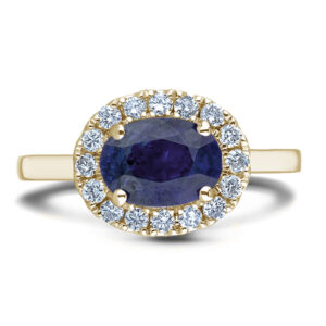 Oval Shaped Australian Sapphire and Canadian Diamond Halo Ring in Yellow Gold