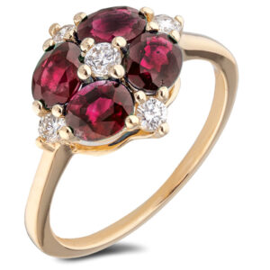 Canadian Diamond and Ruby Flower Halo Ring in Yellow Gold