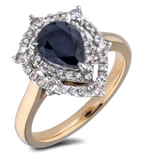 Pear Sapphire and Canadian Diamond Double Halo Ring in 14K Gold