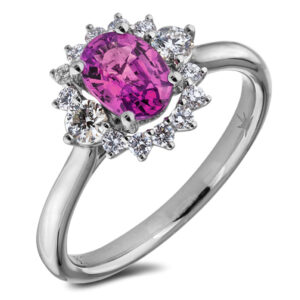 Ceylon Pink Sapphire and De Beers Forevermark Diamond Halo Ring in 18K White Gold