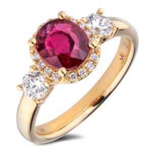 Non Heated Ruby and De Beers Forevermark Diamond Halo Ring in 18K Yellow Gold
