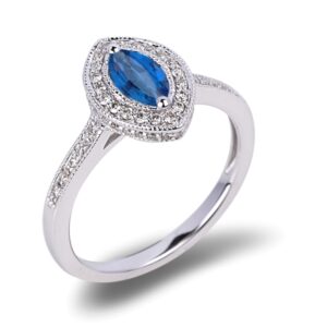 Marquise Shape Sapphire and Canadian Diamond Halo Engagement Ring in 18K White Gold