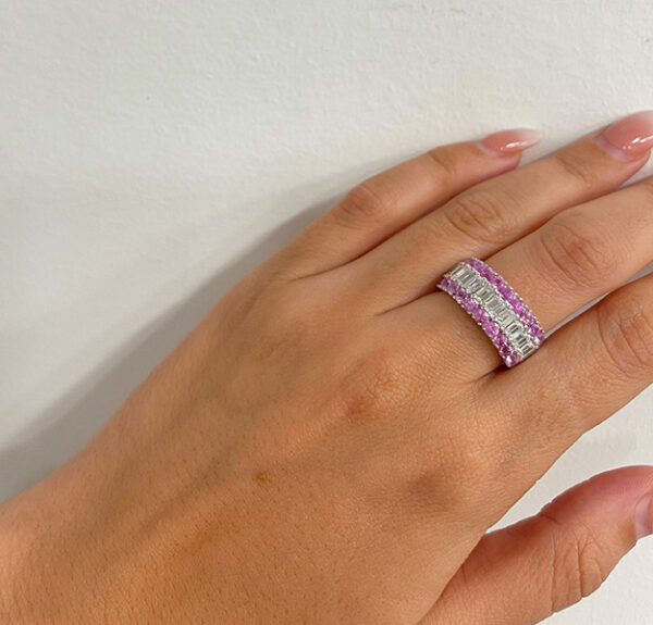 Round Pink Sapphire & Emerald Cut Diamond Anniversary Ring in 18K White Gold - Image 2