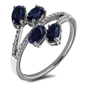 4 Stone Blue Sapphire Ring with Canadian Diamond Accents in White Gold