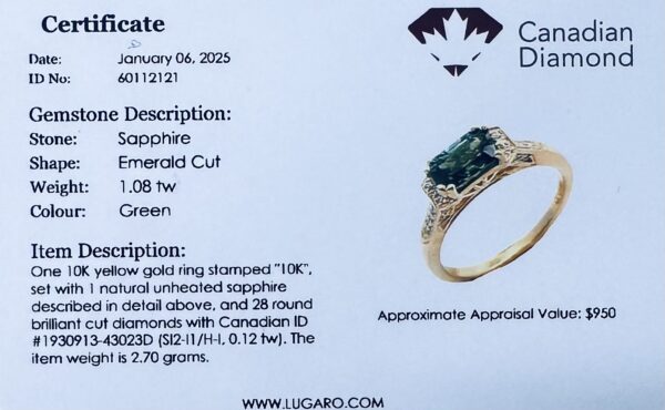 Green Sapphire and Canadian Diamond East West Ring in Yellow Gold