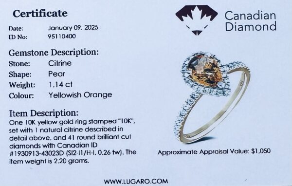 Pear Shaped Citrine and Canadian Diamonds Halo Ring in Yellow Gold