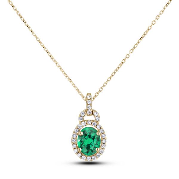 Oval Emerald and Canadian Diamond Halo Pendant in 14K Yellow Gold