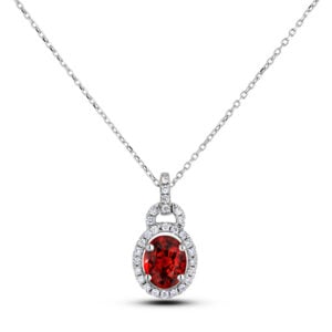 Oval Garnet and Canadian Diamond Halo Pendant in White Gold