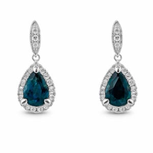 Blue Sapphire and Canadian Diamond Pear Halo Dangle Earrings in White Gold
