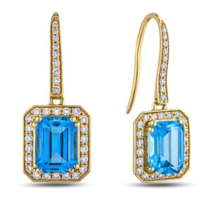 Topaz and Canadian Diamond Halo Hook Dangle Earrings in Yellow Gold