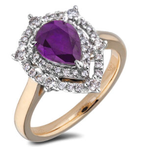 Pear Shape Amethyst and Canadian Diamond Double Halo Ring in 14K Gold