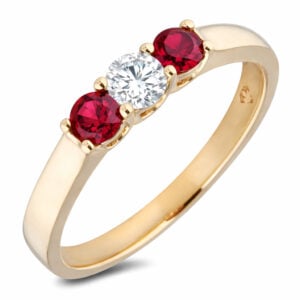 3 Stone Ruby and Canadian Diamond Anniversary Ring in Yellow Gold