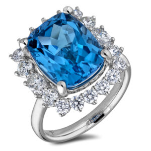 Blue Topaz and De Beers Forevermark Diamond Halo Ring in 18K White Gold