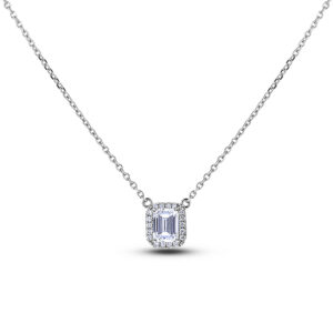 Emerald Cut Canadian Diamond Halo Pendant in 18K White Gold