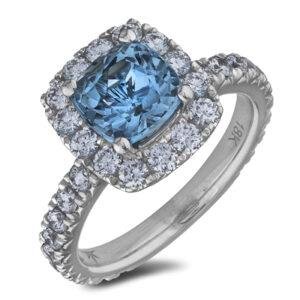 Cushion Cut Aquamarine and Diamond Halo Ring in 18K White Gold