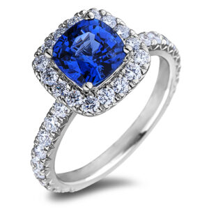 Asscher Cut Sapphire and Diamond Halo Ring in 14K White Gold